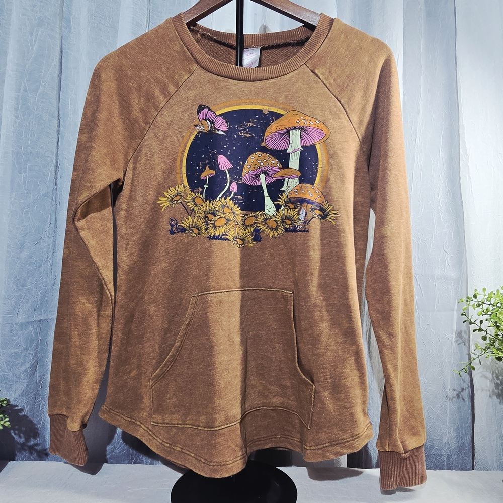 No Boundaries Brown Sweatshirt with Mushroom and Butterfly Design
